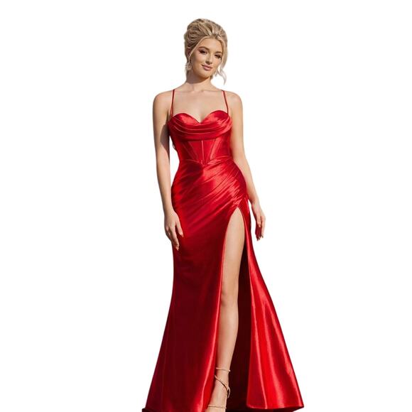 Stacees Dresses & Skirts - STACEES Red Satin Corset Gown Thigh-High Slit - Size 8